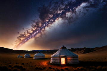 Mongolian yurts may be seen spread throughout the field under the brilliant Milky Way. Generative AI