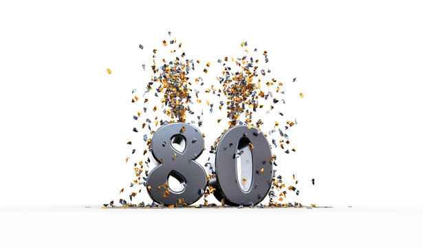 numéro 80 argent avec confettis or et argent sur fond transparent - rendu 3D