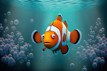 Fototapeta na wymiar Cartoon clownfish observe the water's surface in reflection while underwater. An depiction of an anemone, a tropical aquatic organism with stripes and a protruding forehead, from an aquarium or marine