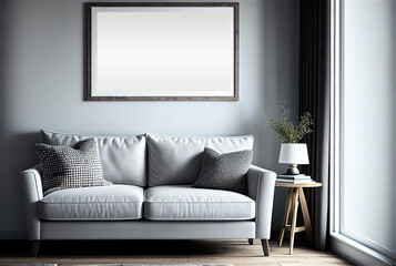 Mockup horizontal poster in modern living room interior with couch and cushions, white colors. Generative AI