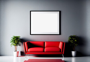 Mockup horizontal poster in modern living room interior with couch and cushions, red and white colors. Generative AI