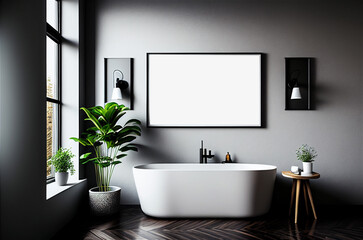 Mockup horizontal poster in modern luxurious bathroom interior with bathtub, white colors. Generative AI
