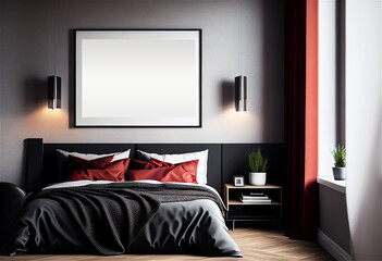 Mockup horizontal frame bedroom home interior elegant furnishing, red grey and black colors, bed with cushion. Generative AI 3D render