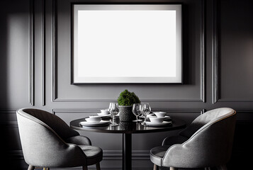 Mockup horizontal frame elegant restaurant interior, table set, modern furnishing, black grey and white colors. Generative AI 3D render