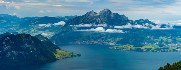 Switzerland 2022, Beautiful view of the Alps from Rigi Kulm. Pilatus and lake Luzern.