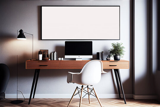 Mockup horizontal landscape frame, study home workspace room, wooden desktop and computer interior elegant furnishing, white colors. Generative AI 3D render