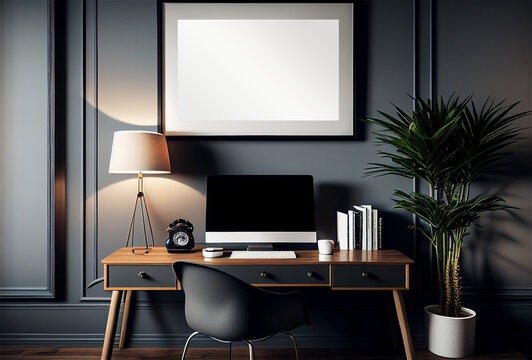 Mockup horizontal frame, study home workspace room, wooden desktop and computer interior elegant furnishing, white colors. Generative AI 3D render