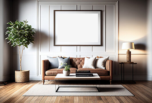 Mockup horizontal poster in modern living room interior with couch and cushions, brown and white colors. Generative AI