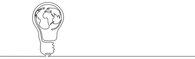 Earth globe inside lightbulb in one continuous line drawing