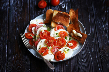 Healthy salad with tomatoes, mozzarella and croutons. Panzanella salad.