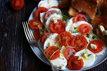 Healthy salad with tomatoes, mozzarella and croutons. Panzanella salad.