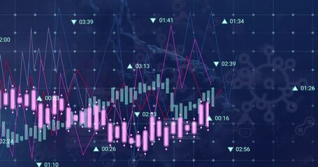 Animation of financial data processing over dna structure and covid-19 cell icons on blue background - Powered by Adobe