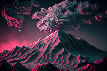 Vaporwave style volcano eruption, landscape