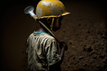 Fototapeta na wymiar Child labour image of a small African boy digging in a mine, back view, wearing a yellow construction helmet, Generative AI