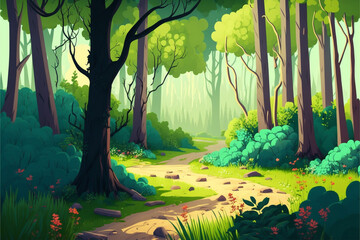 Landscape of magical spring forest illustration. Generative AI