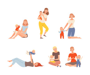 Set of cute mothers with their babies. Moms holding babies in their arms cartoon vector illustration