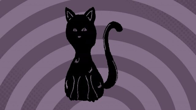Animation of black cat drawing over looping hypnotic spiral pattern