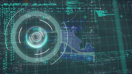 Animation of neon round scanner, data processing and mathematical equations on blue background - Powered by Adobe