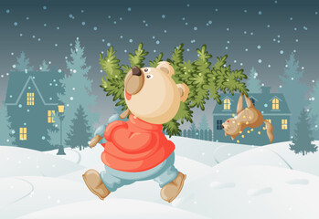 Cute bear carrying fir-tree with funny cat for Christmas or new year in a winter city.  Vector illustration for greeting card, banner, poster or t-shirt print.