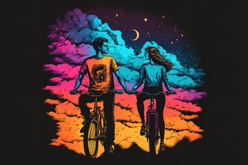 Fototapeta na wymiar Lovers ride a bike under a beautiful sky