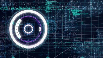 Animation of neon round scanner, data processing and mathematical equations on blue background - Powered by Adobe