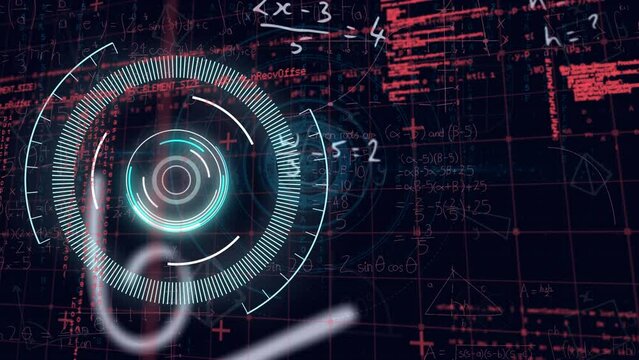 Animation of neon round scanner, data processing and mathematical equations on black background - Powered by Adobe