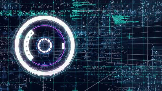 Animation of neon round scanner, data processing and mathematical equations on blue background - Powered by Adobe