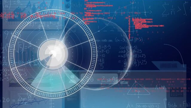 Animation of neon round scanner, data processing and mathematical equations on blue background - Powered by Adobe