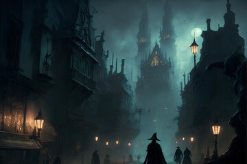 Silhouetted People in Wizard or Thief Type Cloaks in a Dark Nighttime Fantasy City Approaching a Towering Black Castle in the Distance. Thieves / Wizards Cityscape. [Sci-Fi, Fantasy, Historic, Horror]