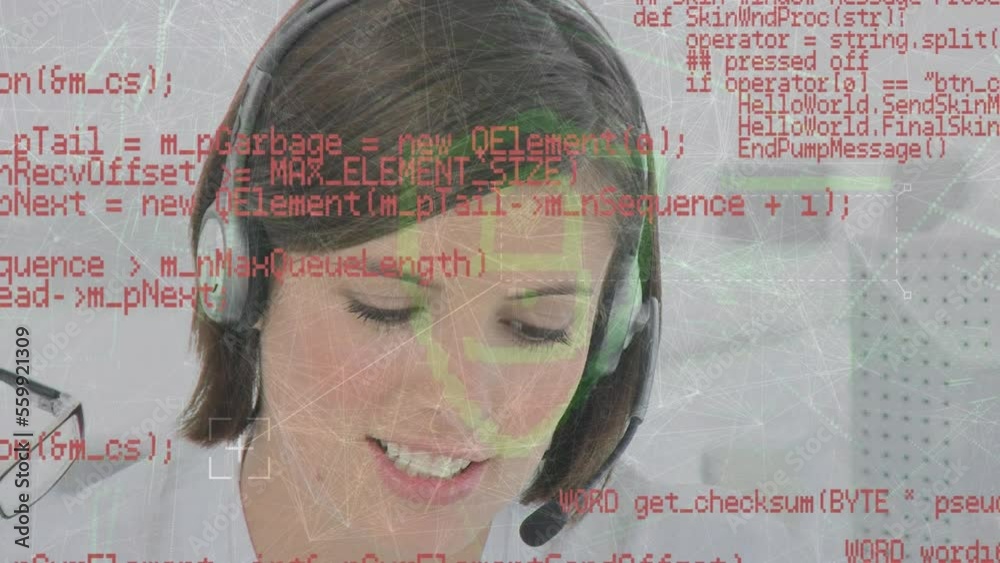 Poster Animation of connections with icons over businesswoman using phone headset