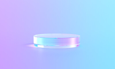 Podium of glass, product display background, 3D transparent stage base stand. Luxury crystal glass product display or presentation podium, circle glass