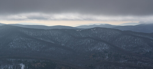 Winter landscape in Bieszczady. Bieszczady mountains in winter. Winter mountains landscape.