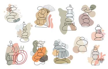 Zen stone cairns set in simple abstract doodle style vector illustration with shapeless forms, relax, meditation yoga concept, boho color stone pyramid for making banner, poster, card, print, wall art