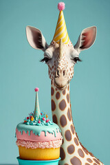Portrait von einer Giraffe mit Partyhut und Geburtstagstorte am Geburtstag feiern vor pastellfarbenen Hintergrund - obrazy, fototapety, plakaty