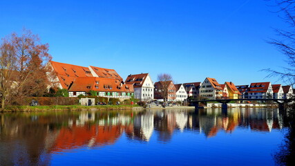 Fototapeta na wymiar Altenheim und Wohnhäuser idyllisch gelegen entlang des Neckar in Rottenburg unter blauem Himmel