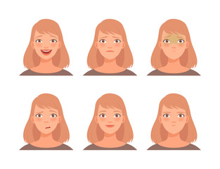 Face expressions of young woman set. Female character with sceptic, angry, happy, upset face cartoon vector illustration - obrazy, fototapety, plakaty