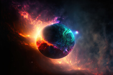 nighttime nebula, cosmic flares, and planet. Generative AI
