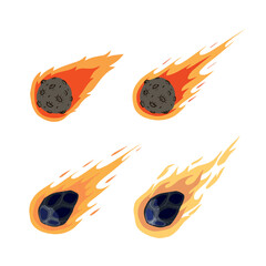 Flying asteroid, Burning comet. Astronomical object with tail vector design illustration. Set of Dangerous explosive space object © Taras