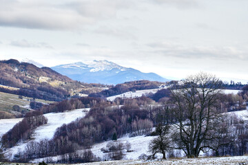 Winter landscape in Bieszczady. Bieszczady mountains in winter. Winter mountains landscape.