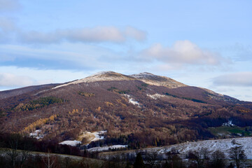 Winter landscape in Bieszczady. Bieszczady mountains in winter. Winter mountains landscape.