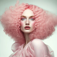 Naklejka premium Portrait of beautiful woman with pink curly hair. AI generated image. 