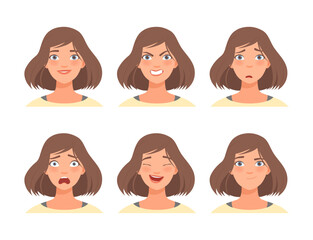 Face expressions of young beautiful woman set. Female character with different emotions cartoon vector illustration