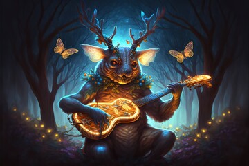 A strange magical fairy-tale creature plays a musical instrument