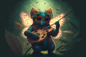 A strange magical fairy-tale creature plays a musical instrument - obrazy, fototapety, plakaty
