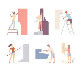 Fototapeta na wymiar View from behind of male and female painters painting wall with rollers set cartoon vector illustration