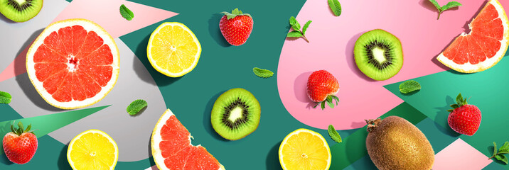 Collection of mixed fruits overhead view flat lay
