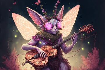 A strange magical fairy-tale creature plays a musical instrument - obrazy, fototapety, plakaty