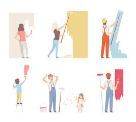 View from behind of people painters painting wall with rollers set cartoon vector illustration