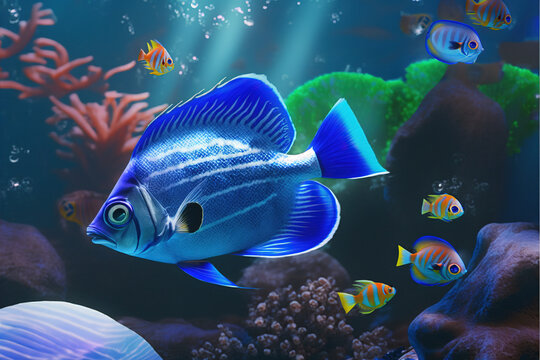 Blue fish in aquarium, Generative AI	