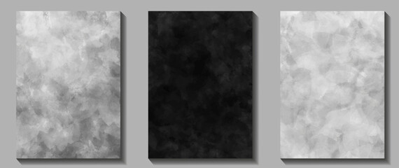 Black and white set watercolor texture for cover design, cards, flyer, brochure, poster, menu. Abstract hand drawn vector illustration. Monochrome grunge textured art background.